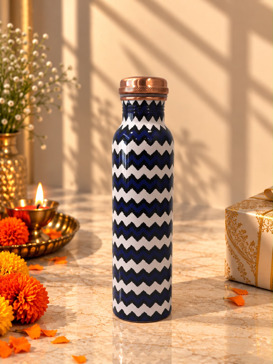 Blue & White Patterned Copper Bottle