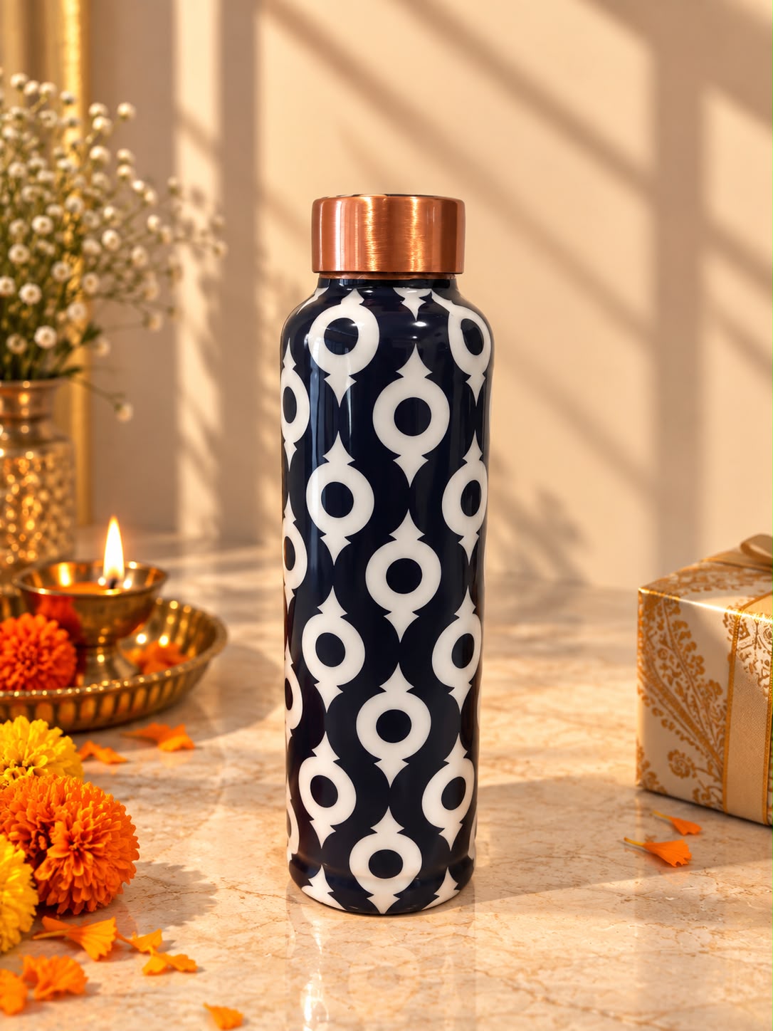 Blue & White Printed Copper Bottle