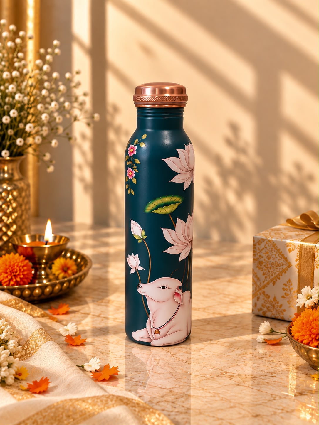 Peacock Printed Copper Bottle