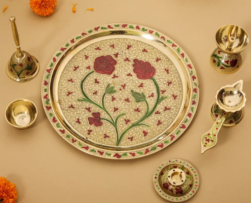 Brass Hand Painted Pooja Thali Set (1.2 Kg)