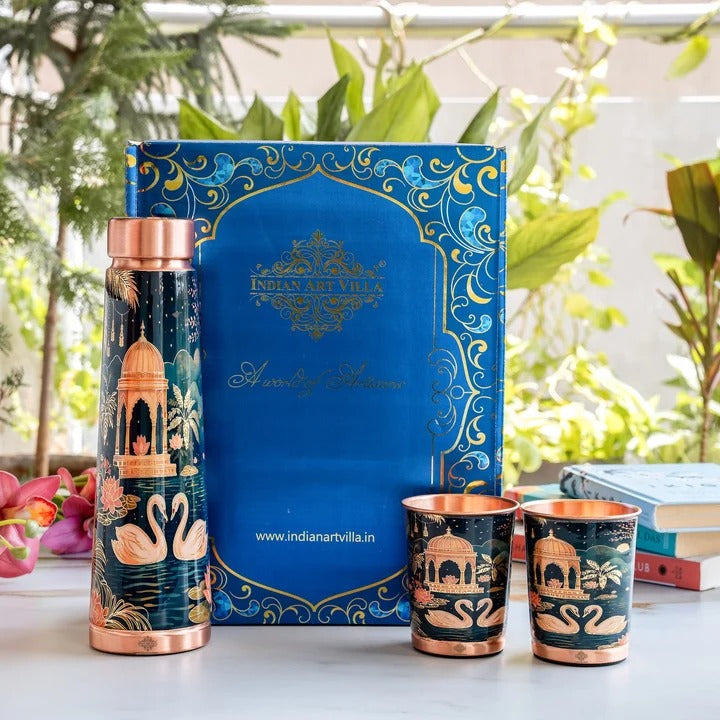 Pure Copper Bottle & Glass Gift Set With Kalakriti Print Design