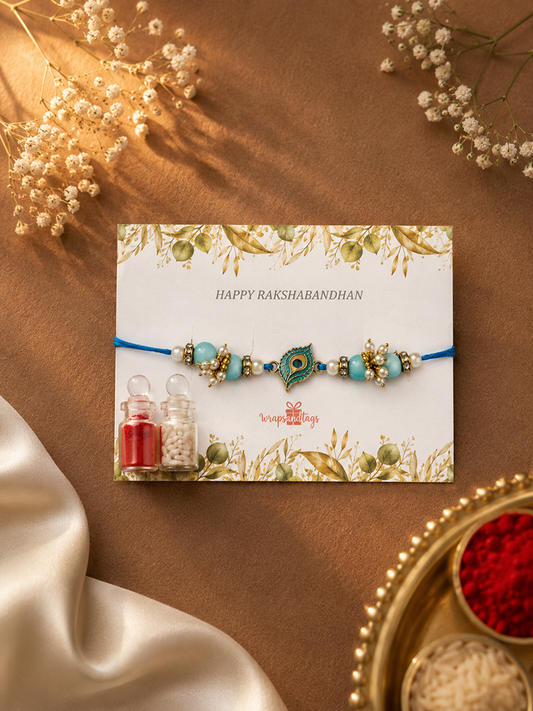 Peacock Feather Blue Bead Rakhi for Bhai