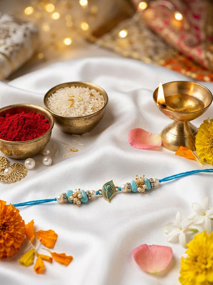 Peacock Feather Blue Bead Rakhi for Bhai