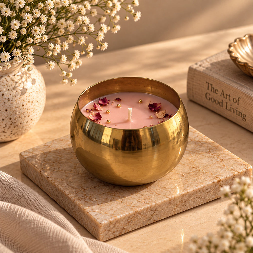 Rose Petal Gold Metallic Hand-Poured Scented Candle