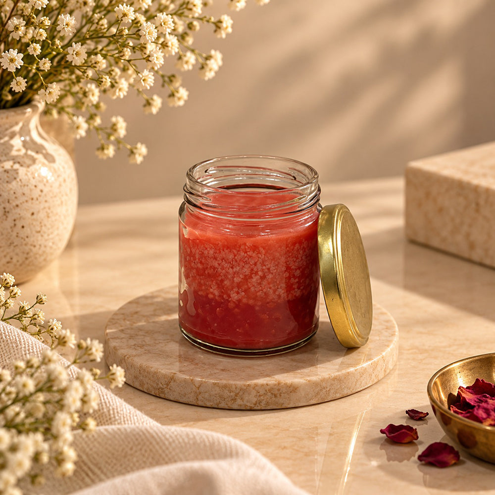 Red Candle in Transparent Glass Jar