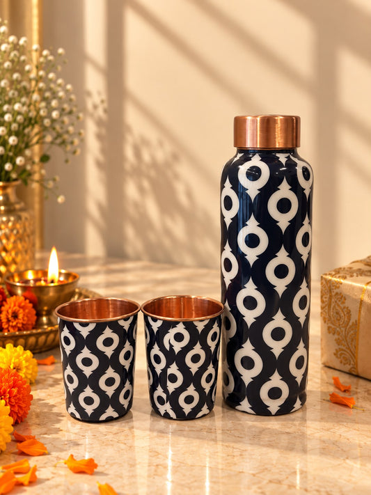 Blue & White Printed Copper Bottle & Tumbler Set