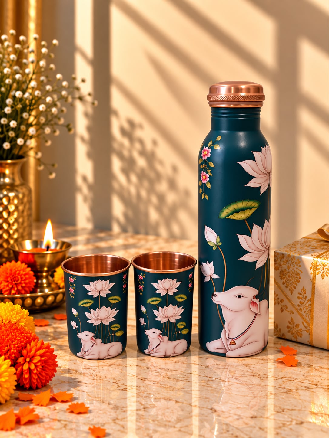 Peacock Printed Copper Bottle & Tumbler Set