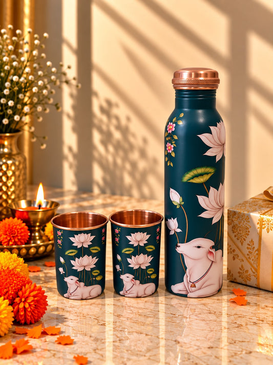 Peacock Printed Copper Bottle & Tumbler Set