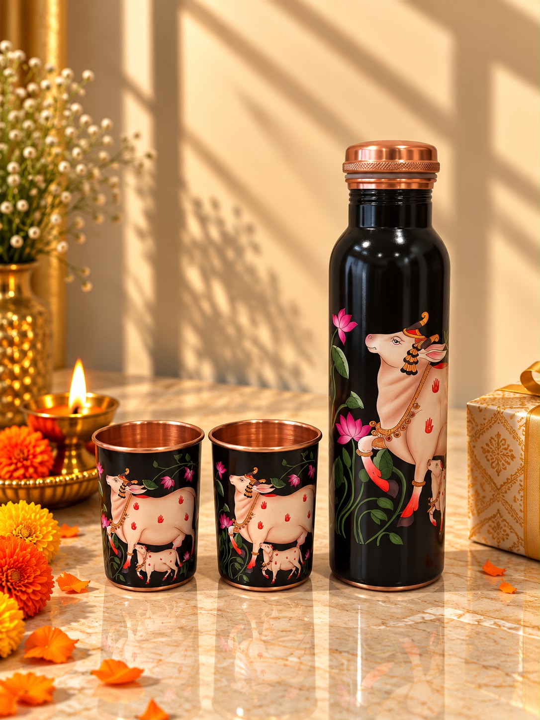 Nandi Printed Copper Bottle & Tumbler Set