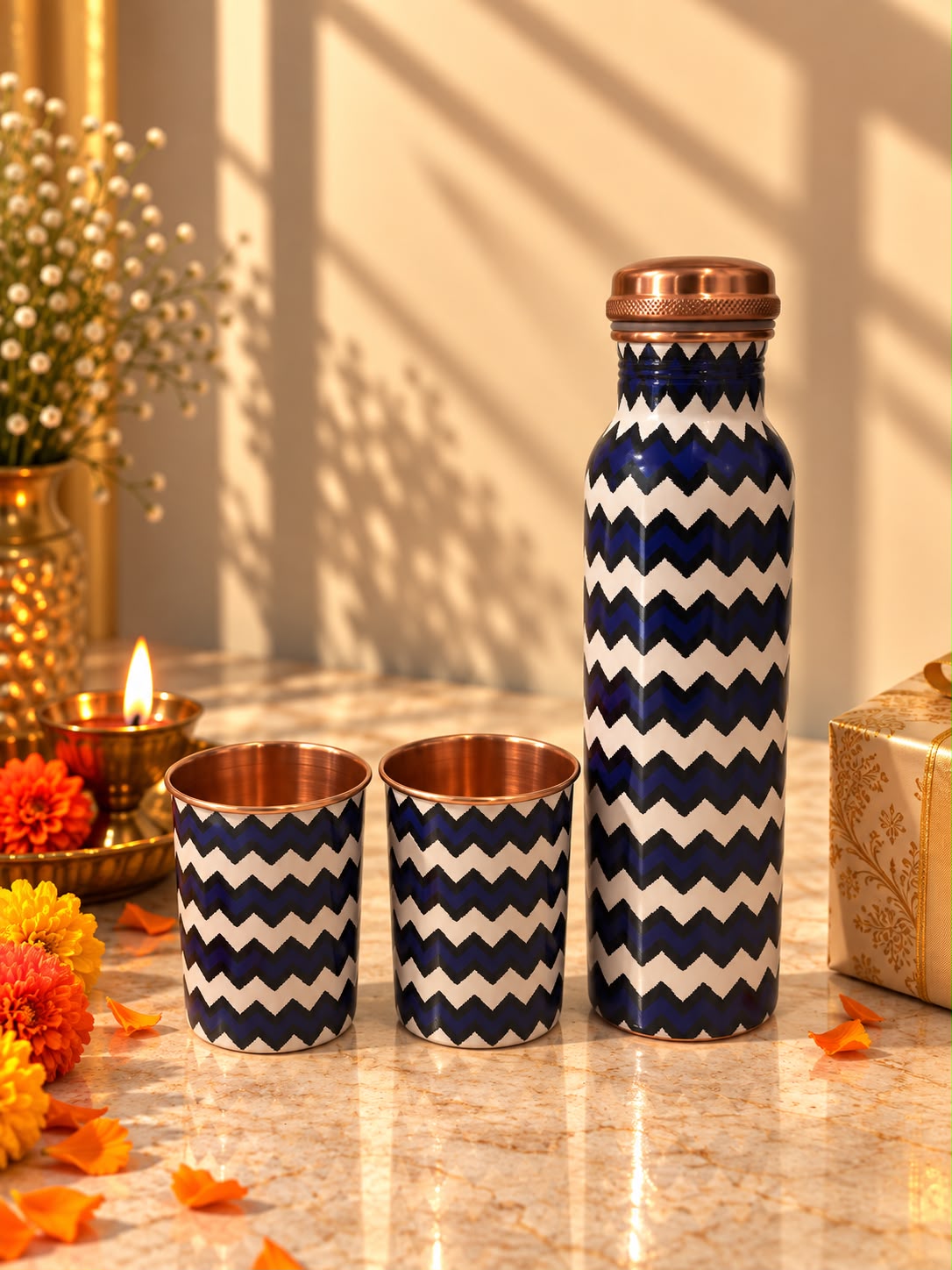Blue & White Patterned Copper Bottle & Tumbler Set