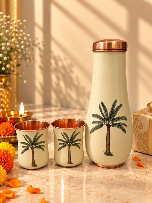 Palm Tree Printed Copper Bottle & Tumbler Set