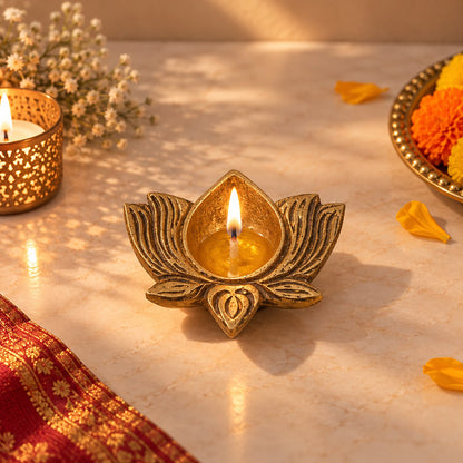 Brass Lotus Diya Set