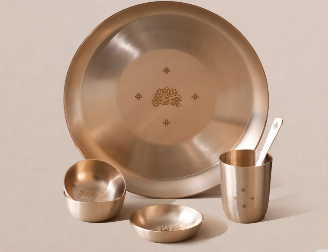 Peacick motif 6 piece 11.5" Kansa Dinner set. Matte Finish