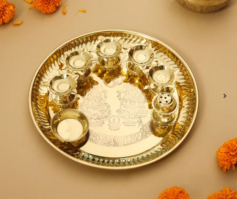 Brass Traditional Seven Deepak Pooja Thali (11 Inch)